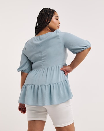 Washed Blue Linen V Neck Smock Top