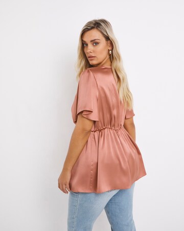Dark Blush Pink Ruched Short Sleeve Satin Blouse