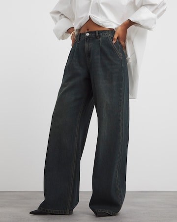 Green Cast Pleat Detail Wide Leg Jean