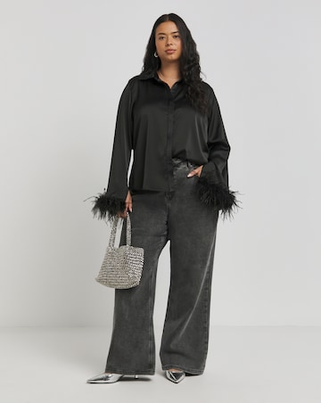 Lovedrobe Black Satin Shirt with Feather Cuffs