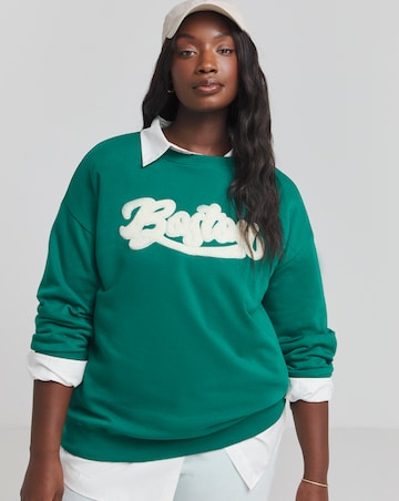 Dark Green Boucle Slogan Sweatshirt