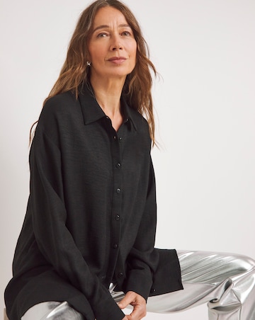 Womens Textured Oversized Long Sleeve Shirt - Black