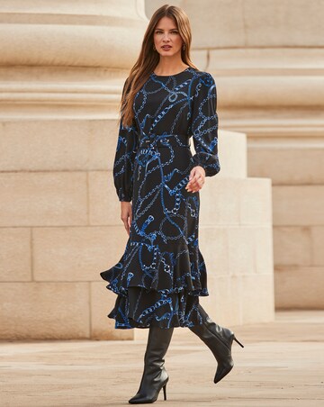 Sosandar Black & Blue Chain Print Ruffle Hem Fit & Flare Dress