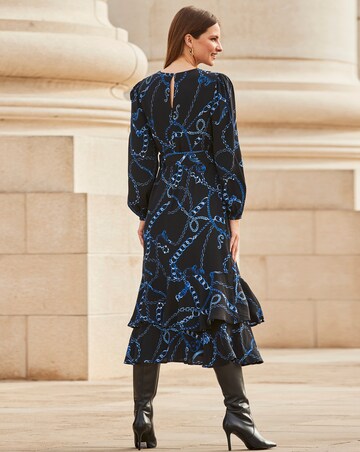 Sosandar Black & Blue Chain Print Ruffle Hem Fit & Flare Dress