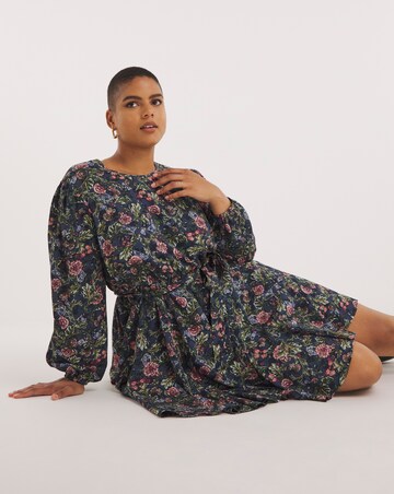 Blue Floral Printed Belted Skater Dress