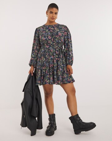 Blue Floral Printed Belted Skater Dress