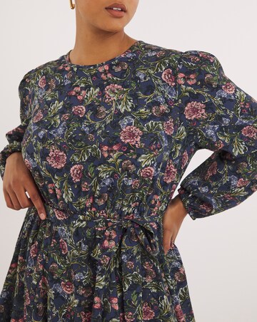Blue Floral Printed Belted Skater Dress