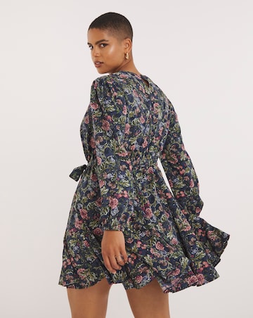 Blue Floral Printed Belted Skater Dress