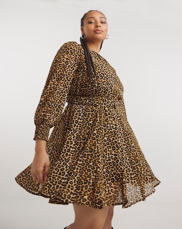 Leopard Print Georgette Belted Skater Dress