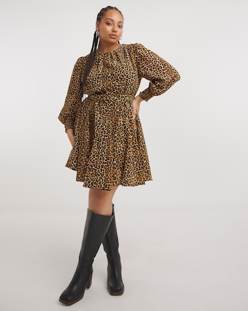 Leopard Print Georgette Belted Skater Dress