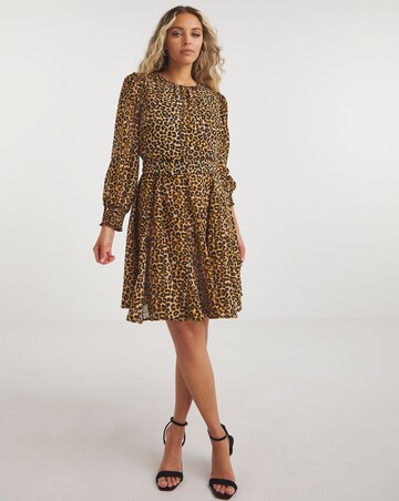 Leopard Print Georgette Belted Skater Dress