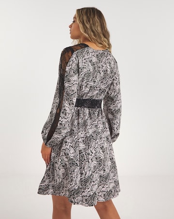Snake Print Lace Insert Skater Dress With Shirred Waist