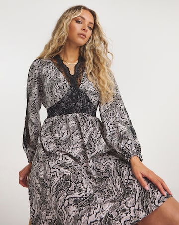 Snake Print Lace Insert Skater Dress With Shirred Waist