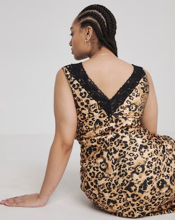 Leopard Print Lace Trim Satin Slip Dress