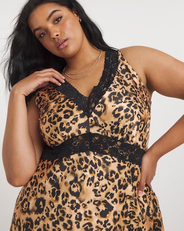 Leopard Print Lace Trim Satin Slip Dress