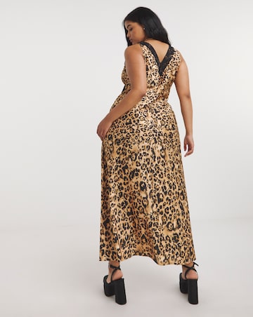 Leopard Print Lace Trim Satin Slip Dress