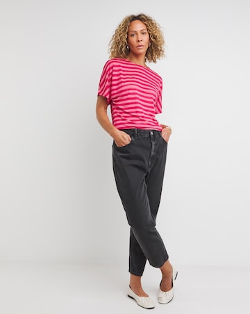 Pink Short Sleeve Lace Insert Stripe Top
