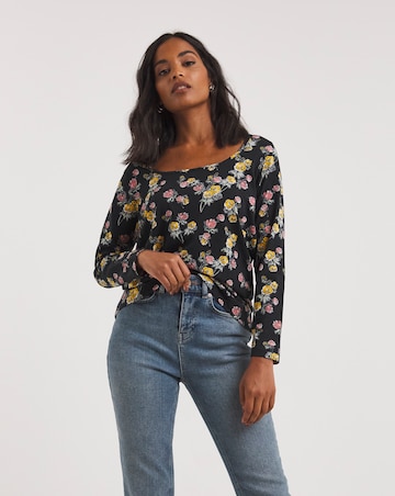 Black Floral Long Sleeve Value Cotton Square Neck Top
