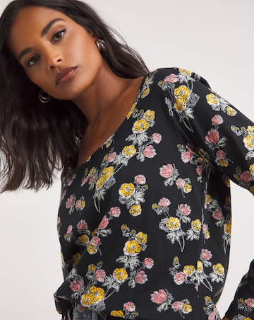 Black Floral Long Sleeve Value Cotton Square Neck Top