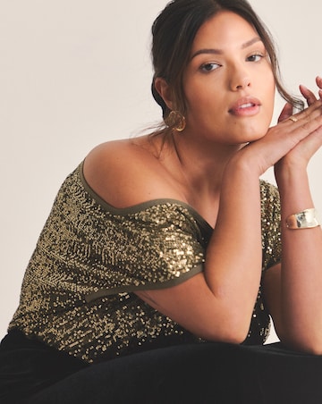 Olive Linear Sequin Off The Shoulder Top