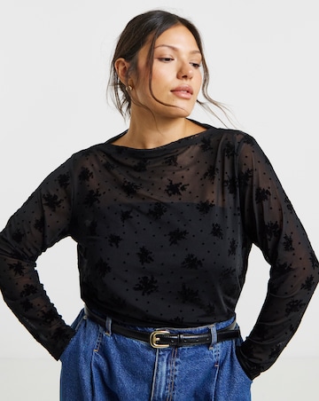 Black Floral & Dobby Mesh Slash Neck Top
