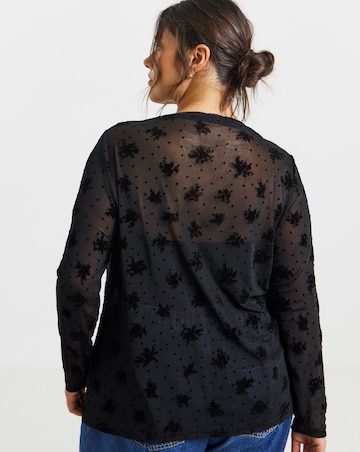 Black Floral & Dobby Mesh Slash Neck Top