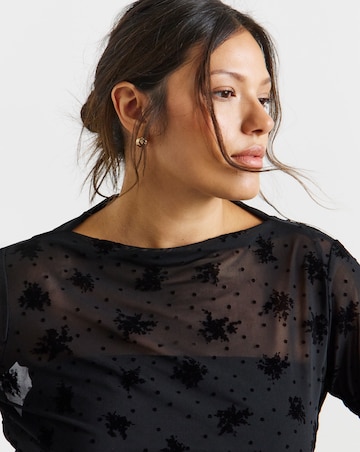 Black Floral & Dobby Mesh Slash Neck Top