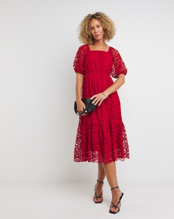Red Square Neck Puff Sleeve Lace Dress