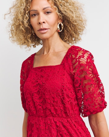 Red Square Neck Puff Sleeve Lace Dress