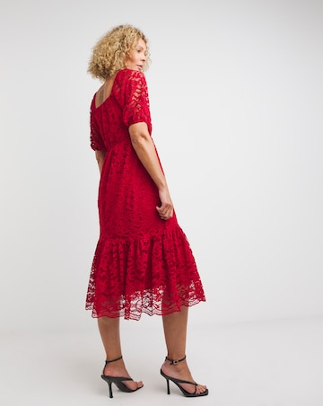 Red Square Neck Puff Sleeve Lace Dress
