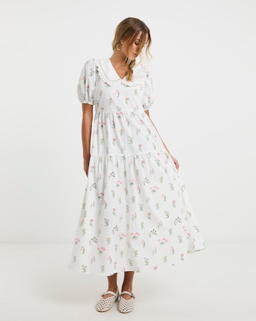 Neon Rose Printed Floral Cotton Poplin Midaxi Dress with Contrast Collar