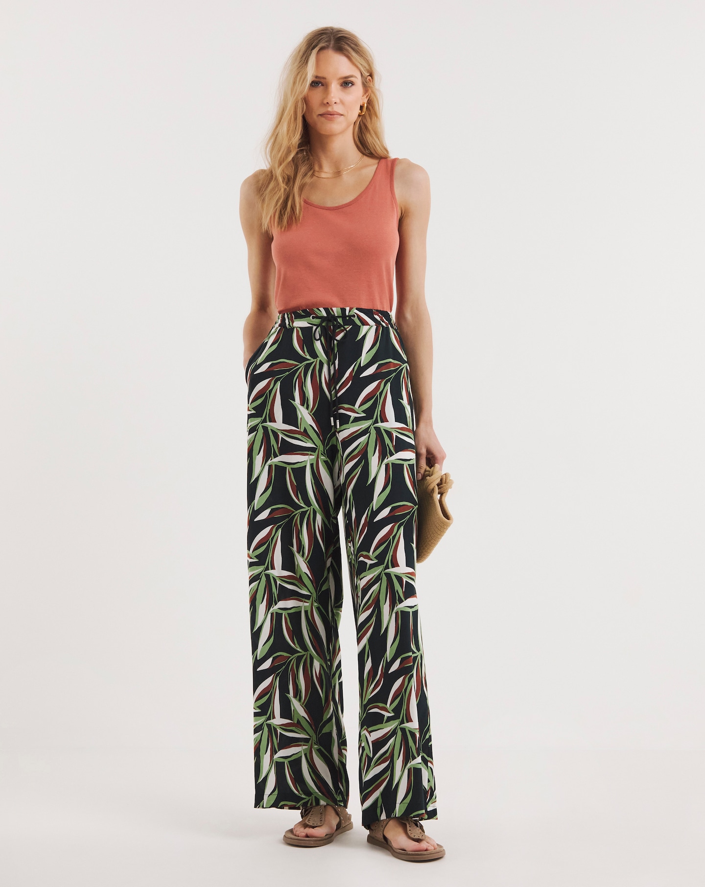 Leaf Print Pull On Wide Leg Trousers