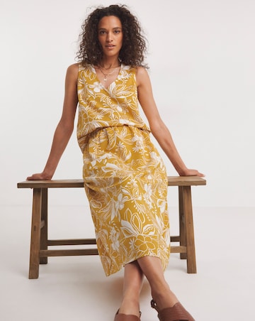 Yellow Print Linen Mix Midi Skirt