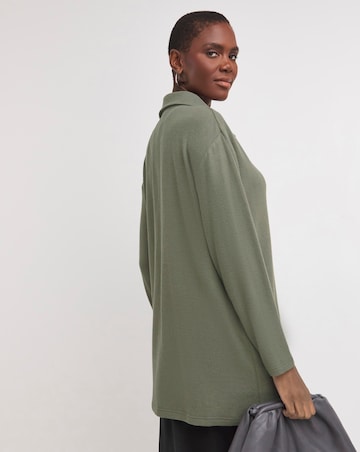 Khaki Collared Zip Front Soft Touch Longline Top