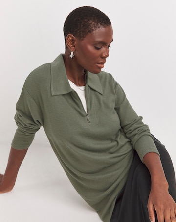 Khaki Collared Zip Front Soft Touch Longline Top