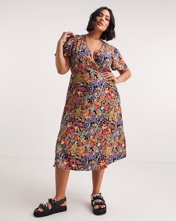 Black Floral Printed Wrap Front Midi Dress