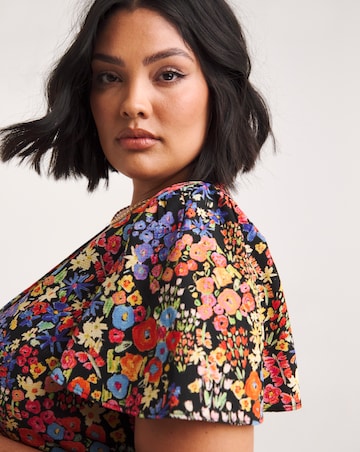 Black Floral Printed Wrap Front Midi Dress