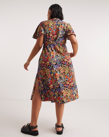 Black Floral Printed Wrap Front Midi Dress