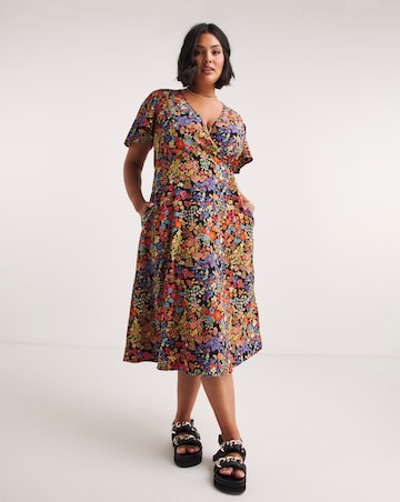 Black Floral Printed Wrap Front Midi Dress