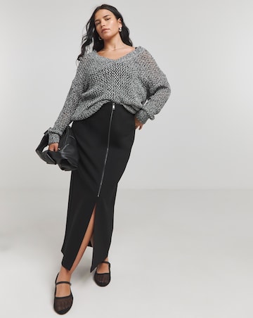Black Zip Detail Ponte Stretch Midaxi Skirt