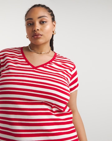 Red & Ivory Stripe V Neck Tee