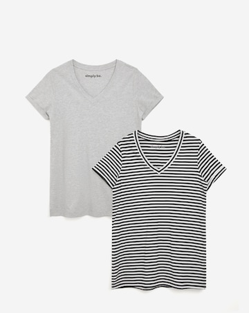 Grey Marl & Stripe 2 Pack V Neck Longline T-Shirts