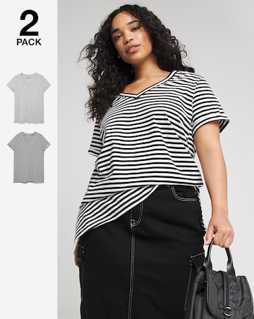 Grey Marl & Stripe 2 Pack V Neck Longline T-Shirts