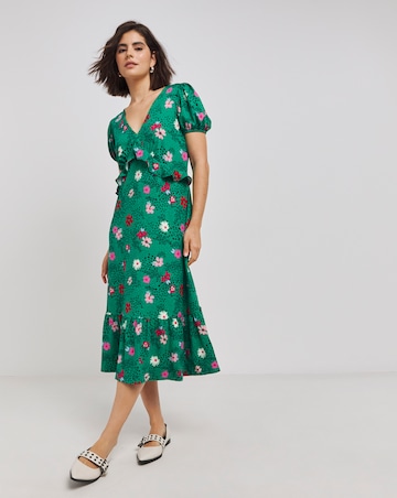 Green Floral Print Supersoft Jersey Frill Midi Dress
