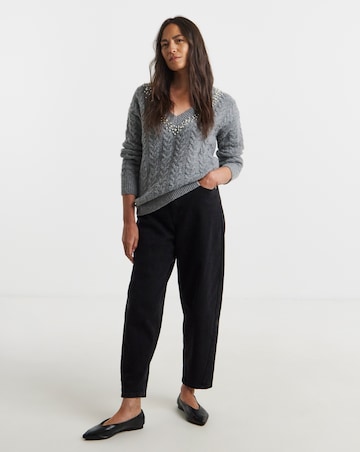 Grey V Neck Pearl Jumper