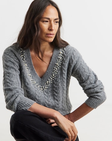 Grey V Neck Pearl Jumper