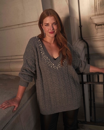 Grey V Neck Pearl Jumper