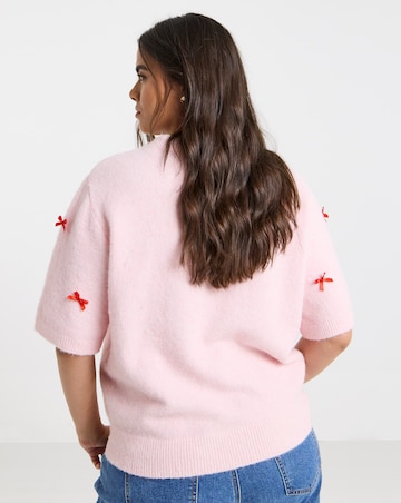 Simply Be Pink Embroidered Bow Knitted Half Sleeve Jumper