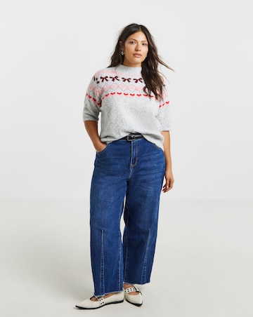 Simply Be Brushed Yarn Grey Fairisle Short Sleeve Knitted Jumper