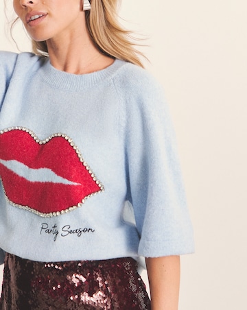 Brushed Yarn Blue Lips Christmas Short Sleeve Jumper